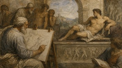 Michelangelo-drawing-Adam-from-a-model-posing-in-his-studio
