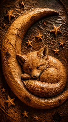 a sleeping baby fox curled on a crescent moon among soft stars, gentle and warm, no text