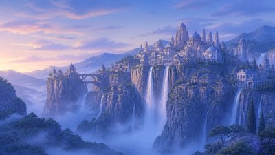 a cliffside city with waterfalls cascading into a misty canyon, wide establishing shot, no people, no text