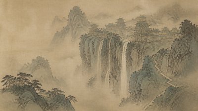 a cliffside city with waterfalls cascading into a misty canyon, wide establishing shot, no people, no text