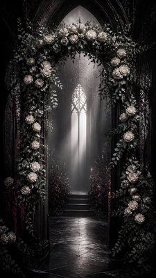 an arch of white roses and eucalyptus in soft morning light, elegant vertical composition with open space, no text