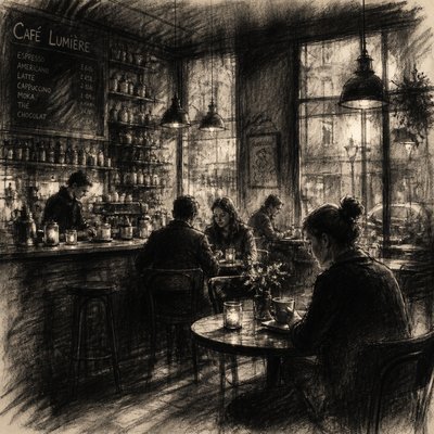cozy cafe interior with warm lighting