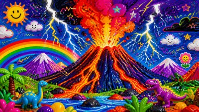 an erupting volcano with lightning strikes, dramatic wide composition, no text