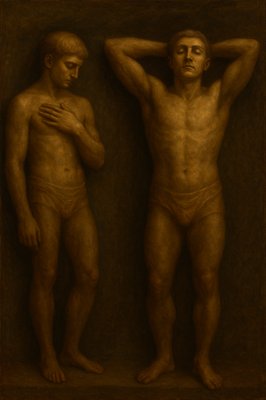 a painting of two naked men standing next to each other