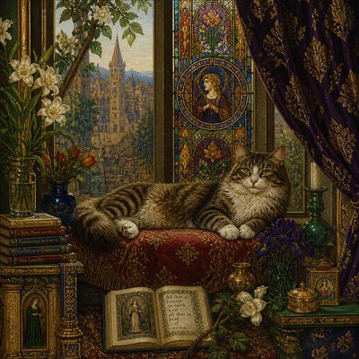 a cat lounging in a sunlit window