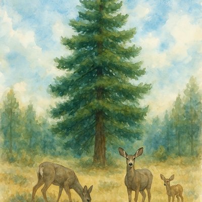 A serene and majestic watercolor painting, capturing the essence of a grand, towering evergreen tree (like the dominant one in the provided image) standing proudly in a sun-dappled, open forest glade. The tree's deep green needles are rendered with varying washes, showcasing its immense height and full, tiered branches that reach towards a partly cloudy, bright blue sky.

In the foreground and around the base of this glorious tree, two or three graceful mule deer are depicted. One might be grazing peacefully, another looking up towards the viewer with its large, expressive ears, and a fawn possibly tucked nearby. Their coats are rendered in soft, earthy watercolor tones of grey-brown, with delicate highlights and shading to suggest their gentle forms and distinctive white rumps and tails.

The surrounding landscape features a subtle ground cover of dry grasses and scattered undergrowth, characteristic of a high-desert or mountain forest floor, painted with soft, blended washes of ochre, sage green, and light brown. The sky above is a classic watercolor blend of soft blues and wispy white clouds. The overall mood is one of tranquil natural beauty, quiet majesty, and a harmonious coexistence of wildlife and ancient trees, rendered with the flowing, luminous quality of watercolor art."