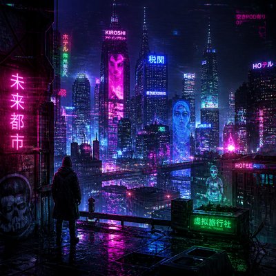 a city skyline at dusk with glowing windows