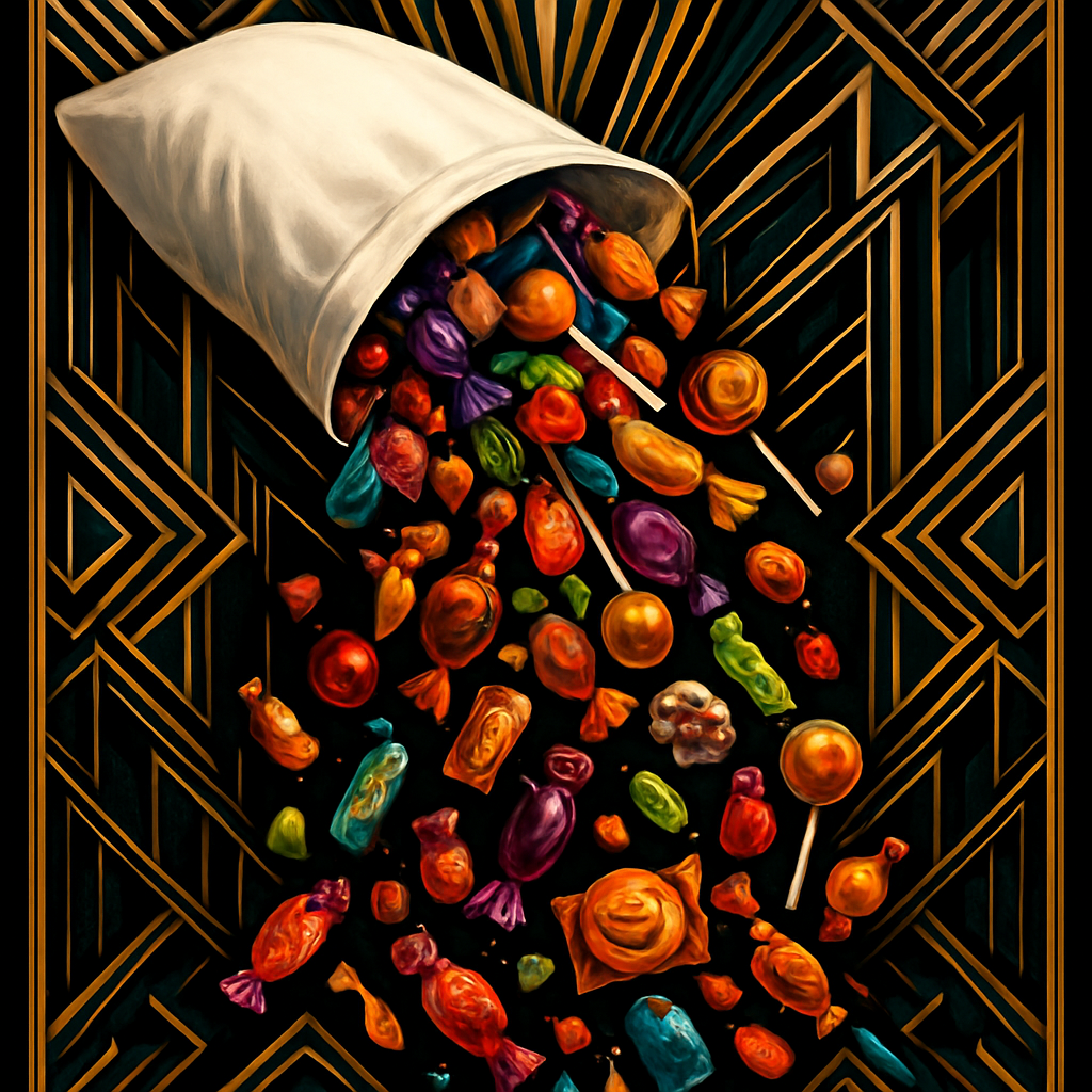 A dynamic, eye-level shot of a large, white fabric pillowcase (perhaps with subtle wrinkles or a simple pattern) being tilted sideways, with an enormous, colorful cascade of Halloween candy pouring out of its opening. The candy is a vibrant mix of popular, recognizable types: individually wrapped chocolates, lollipops, brightly colored hard candies, chewy sweets, and small bags of treats. The candies should be mid-air, tumbling and spilling across the frame, creating a sense of energetic abundance
