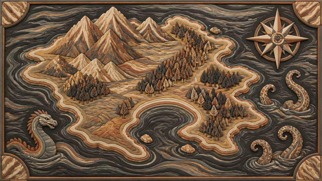 a map of an island realm with mountains, forests, a sheltered bay, sea monsters in the water and a compass rose, no text labels