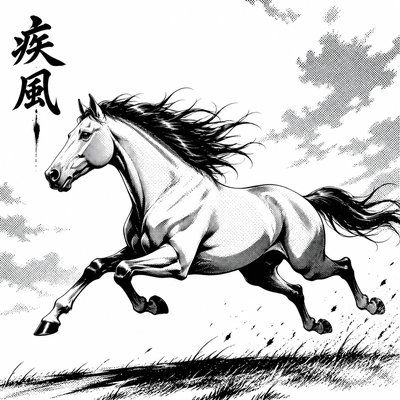 a galloping horse with flowing mane, side view