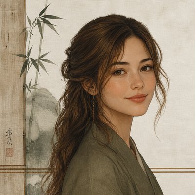 head-and-shoulders portrait of an original character: a young woman with wavy chestnut hair and a warm smile, plain soft backdrop