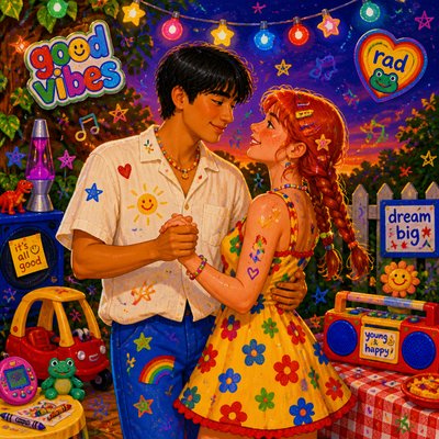 an original couple dancing under string lights in a garden at dusk: a man with short black hair in a linen shirt and a woman with braided red hair in a summer dress