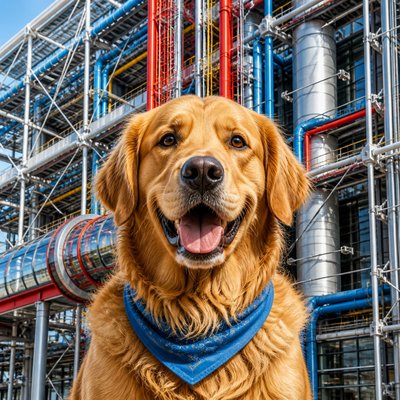 portrait of a golden retriever wearing a blue bandana, warm plain backdrop, no text