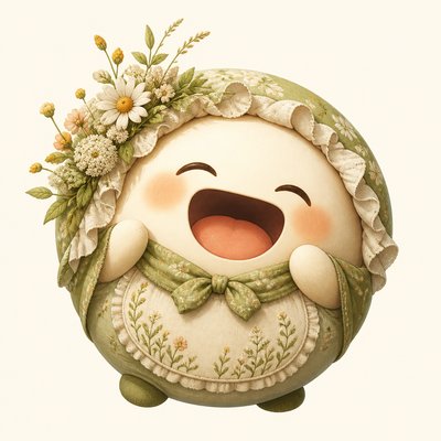 an exaggerated laughing face of an original round mascot character, bold and readable at small size, plain background, no text