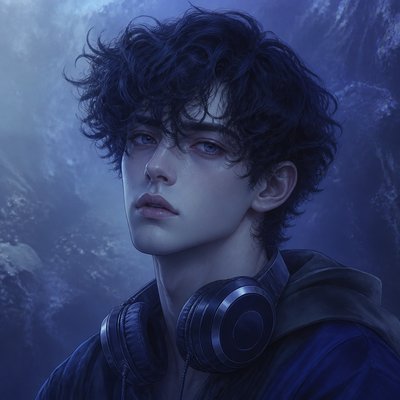 head-and-shoulders portrait of an original character: a young man with curly dark hair and headphones around his neck, plain backdrop, no text