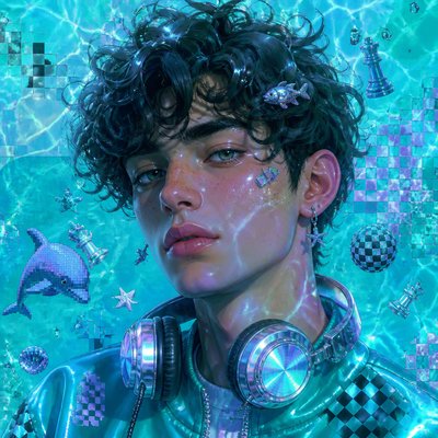 head-and-shoulders portrait of an original character: a young man with curly dark hair and headphones around his neck, plain backdrop, no text
