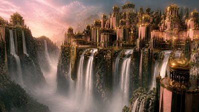 a cliffside city with waterfalls cascading into a misty canyon, wide establishing shot, no people, no text