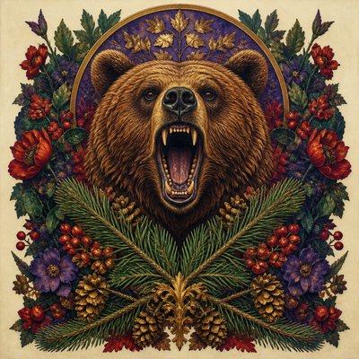 a roaring bear head above crossed pine branches, bold graphic composition on a plain background, no text