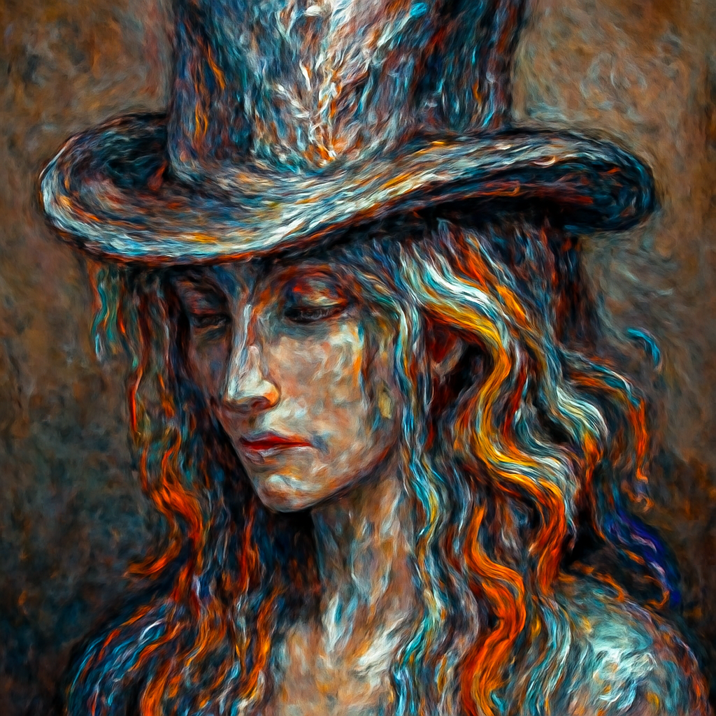 Create a top hat from which liquid metal flows down the hair of a lady with strawberry blonde hair 