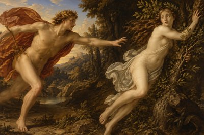 ancient greek ignudi Apollo madly in love with Daphne who flees his presence