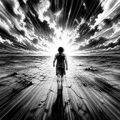 a solitary figure walking toward a glowing horizon across an empty plain, moody atmosphere, no text or lettering