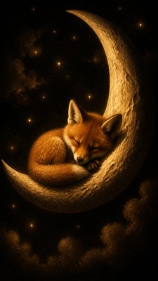 a sleeping baby fox curled on a crescent moon among soft stars, gentle and warm, no text