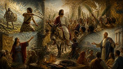 examples of zeal for the Lord in the Bible: Jesus entering Jerusalem riding on a donkey with crowds raising palm branches, David defeating Goliath with his slingshot, Deborah the prophetess calling Israel to fight for the Lord, Paul the Apostle preaching to the Gentiles.