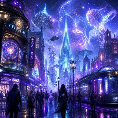 urban street with city activity — Sci-Fi Fantasy Art