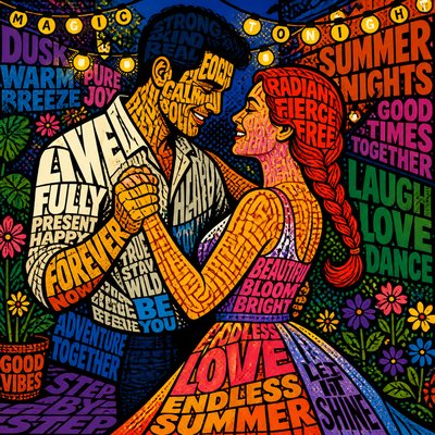 an original couple dancing under string lights in a garden at dusk: a man with short black hair in a linen shirt and a woman with braided red hair in a summer dress