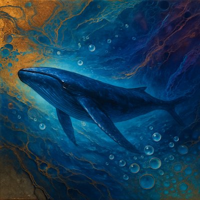 A hyper-realistic blue whale, majestic and mysterious, gliding gracefully through a surreal ocean scene. Its massive, sleek body glows with deep blues and silvers, illuminated by soft sunlight streaming through the ocean's surface. Surrounding it are glistening, delicate bubbles, sparkling like jewels in the light. The water shimmers with ethereal clarity, blending realism with a dreamlike atmosphere, capturing the whale's awe-inspiring beauty and enigma. 