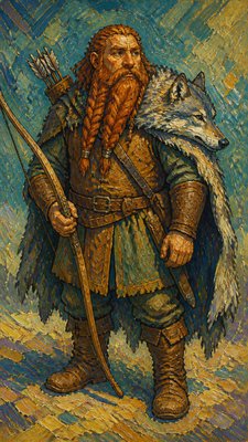 full-body original character: a dwarven ranger with a braided auburn beard, worn leather armor, a longbow and a wolf-pelt cloak, neutral background, no text