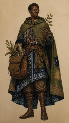 full-body original character: a wandering botanist with a satchel of plants, a patched green cloak, tall boots and round glasses, neutral background