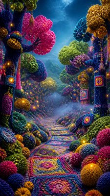 a mysterious forest path with fireflies and drifting mist, atmospheric vertical composition with open space at the top, no text