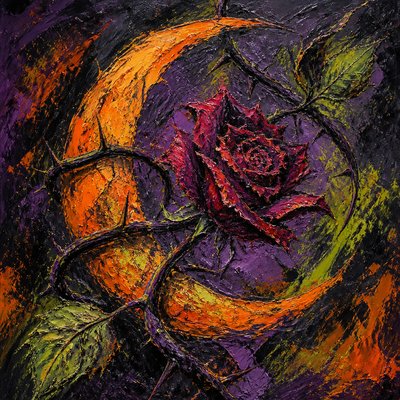 a rose entwined with a crescent moon, clean balanced composition on a plain background, no text