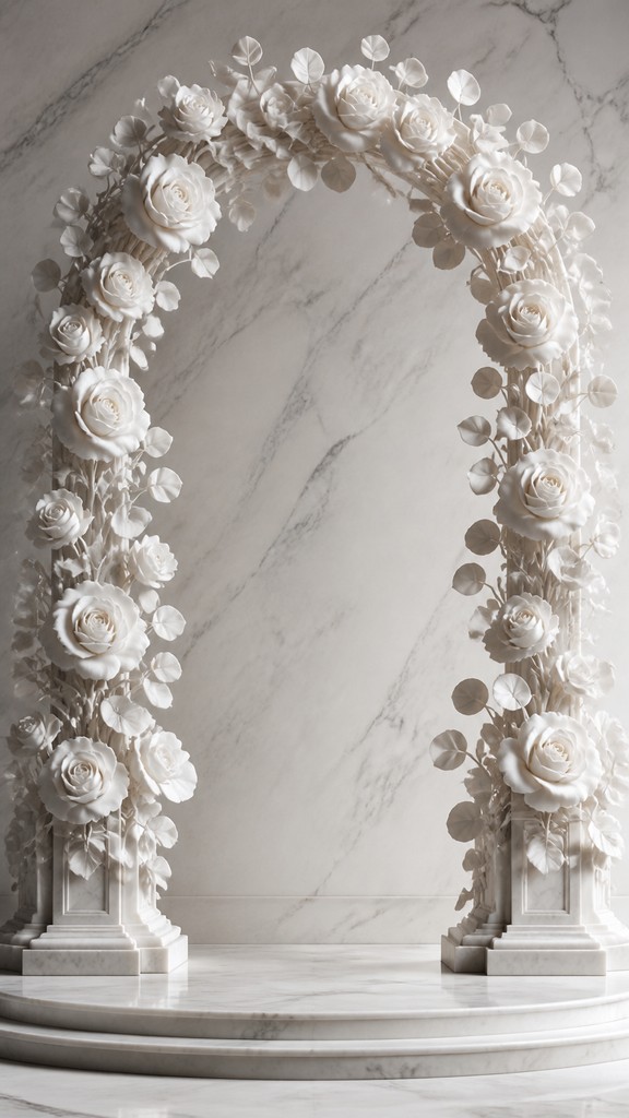 an arch of white roses and eucalyptus in soft morning light, elegant vertical composition with open space, no text
