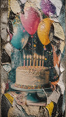 a birthday cake with lit candles surrounded by balloons and confetti, festive vertical composition, no text