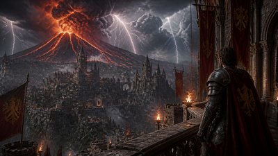an erupting volcano with lightning strikes, dramatic wide composition, no text