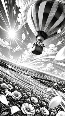 a hot air balloon drifting over rolling flower fields on a sunny day, cheerful, no text