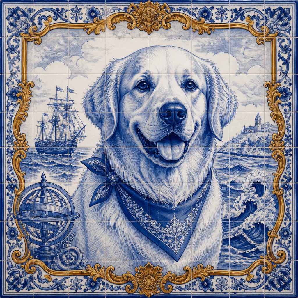 portrait of a golden retriever wearing a blue bandana, warm plain backdrop, no text