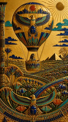 a hot air balloon drifting over rolling flower fields on a sunny day, cheerful, no text