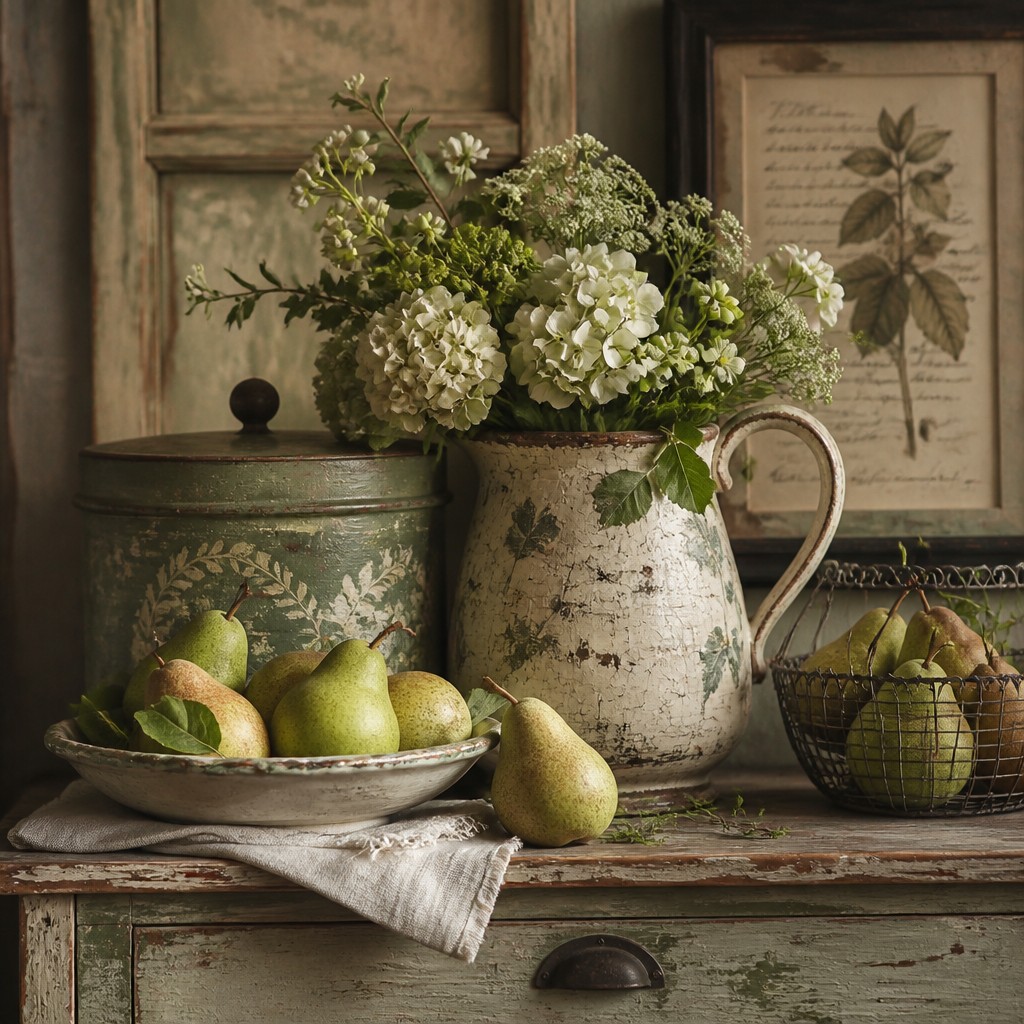 still life arrangement of fruits and flowers
