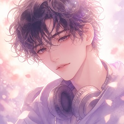 head-and-shoulders portrait of an original character: a young man with curly dark hair and headphones around his neck, plain backdrop, no text