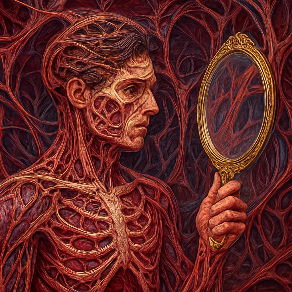 a painting of a man holding a magnifying glass