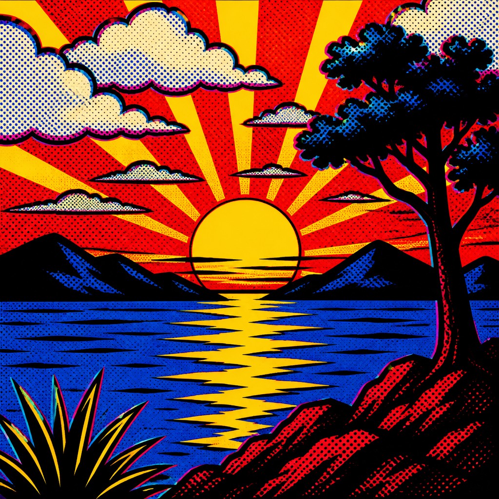 a dramatic sunset over calm water with silhouetted hills