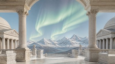 a flowing aurora over snowy peaks, wide sweeping composition, no people, no text