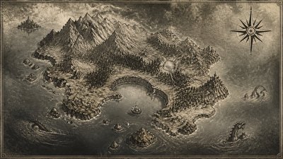 a map of an island realm with mountains, forests, a sheltered bay, sea monsters in the water and a compass rose, no text labels