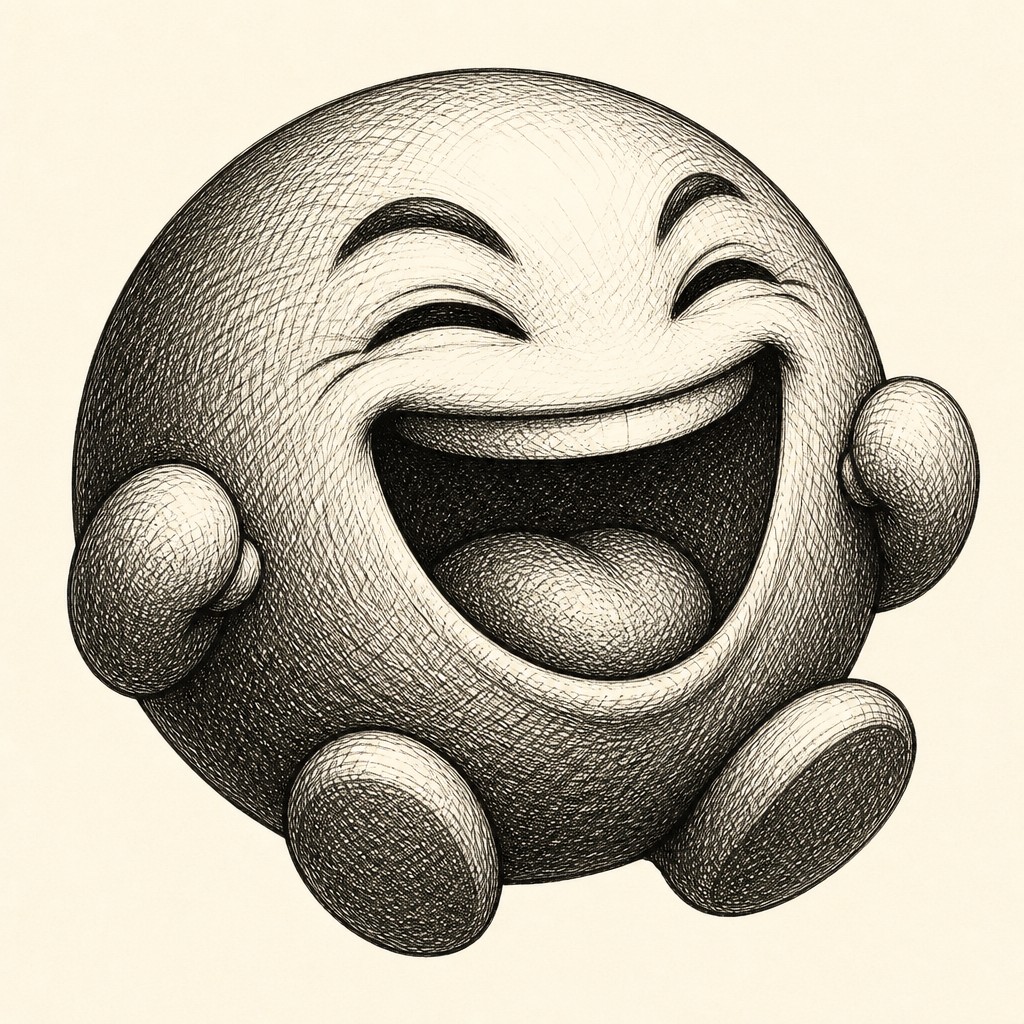 an exaggerated laughing face of an original round mascot character, bold and readable at small size, plain background, no text