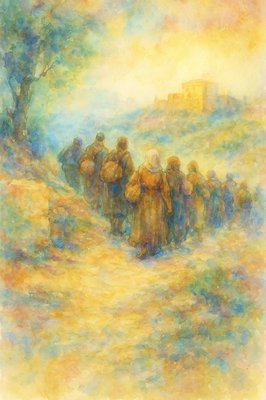 a painting of a group of people walking up a hill