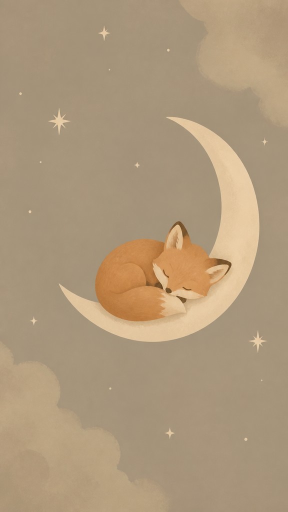 a sleeping baby fox curled on a crescent moon among soft stars, gentle and warm, no text