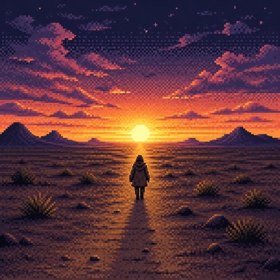 a solitary figure walking toward a glowing horizon across an empty plain, moody atmosphere, no text or lettering